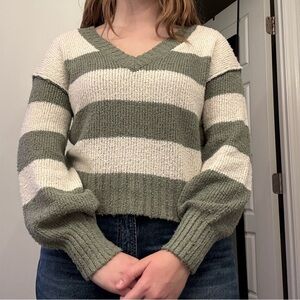 Hippie Rose Green and Cream V-Neck Sweater